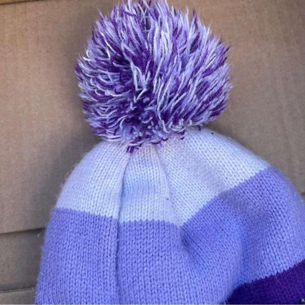 Girls Purple & White Striped Beanie